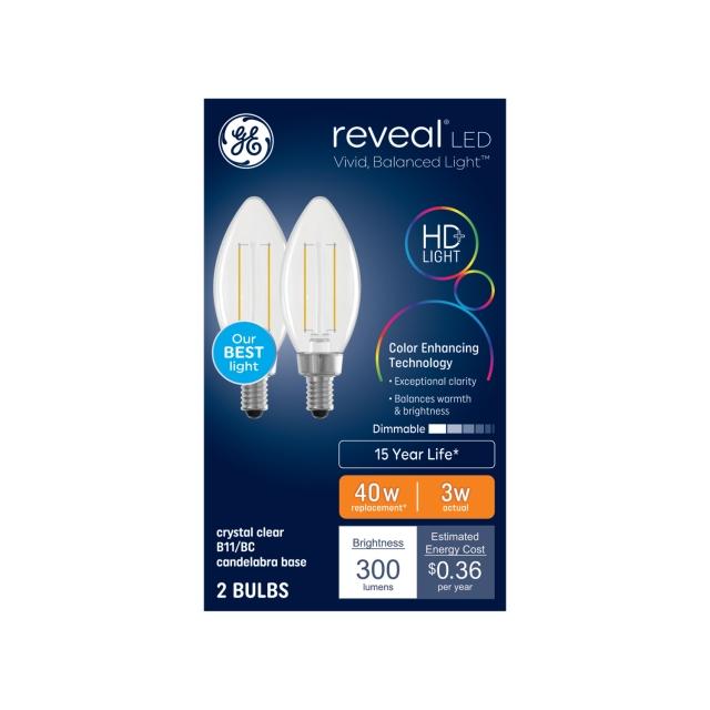 GE Reveal HD+ LED 40 Watt Replacement, Reveal, B11 Deco - Candle Bulbs (2 Pack)