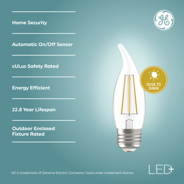 GE LED Dusk to Dawn LED Light Bulbs Security Lights 60 Watt Replacement Decorative Candle Bulbs Soft White 2 Pack