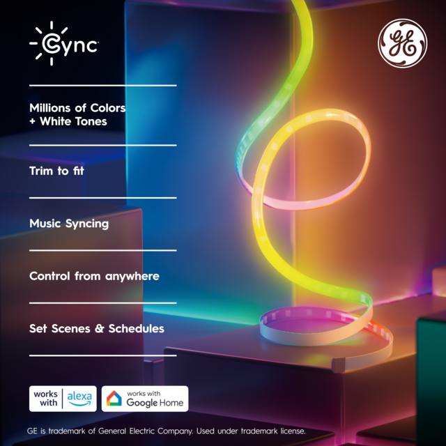 GE Cync Dynamic Effects Smart Light Strip with Music Sync, Color Changing WiFi Lights, Indoor Light Strip, Works with Alexa and Google, 16ft + Power Supply