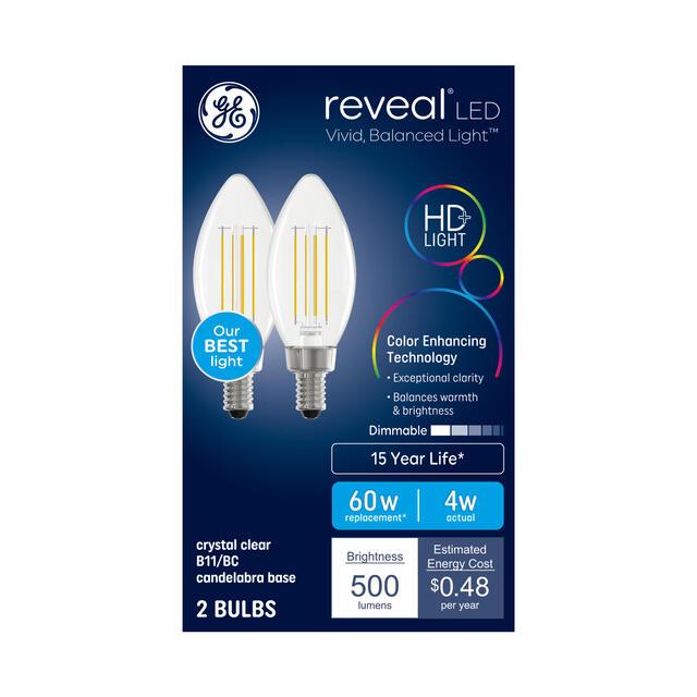 GE Reveal HD+ LED 60 Watt Replacement, Reveal, B11 Deco - Candle Bulbs (2 Pack)