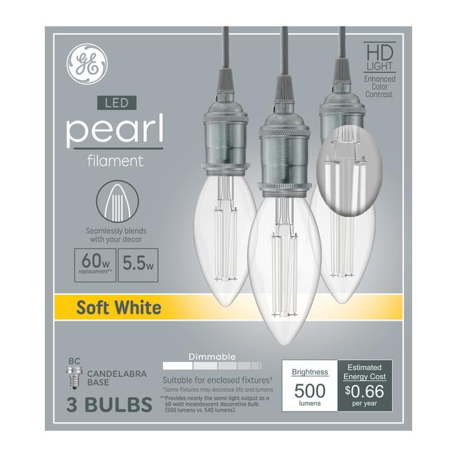 GE White Filament B11 LED Light Bulbs, Decorative Candle Bulbs, 60 Watt Replacement, Soft White (2 Pack)