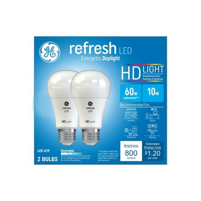 GE Refresh HD LED 60 Watt Replacement, Daylight, A19 General Purpose Bulbs (2 Pack)