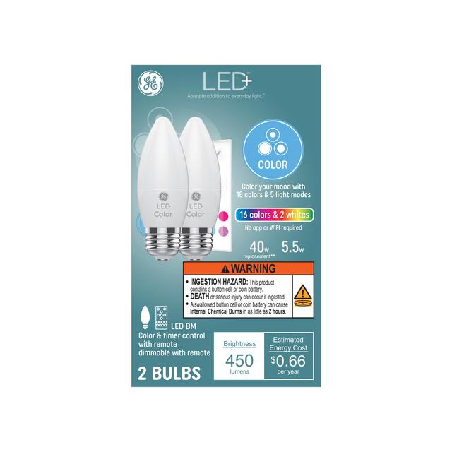 GE LED+ Color 40 -Watt Ampoules LED décoratives (2-Pack) à culot moyen de remplacement