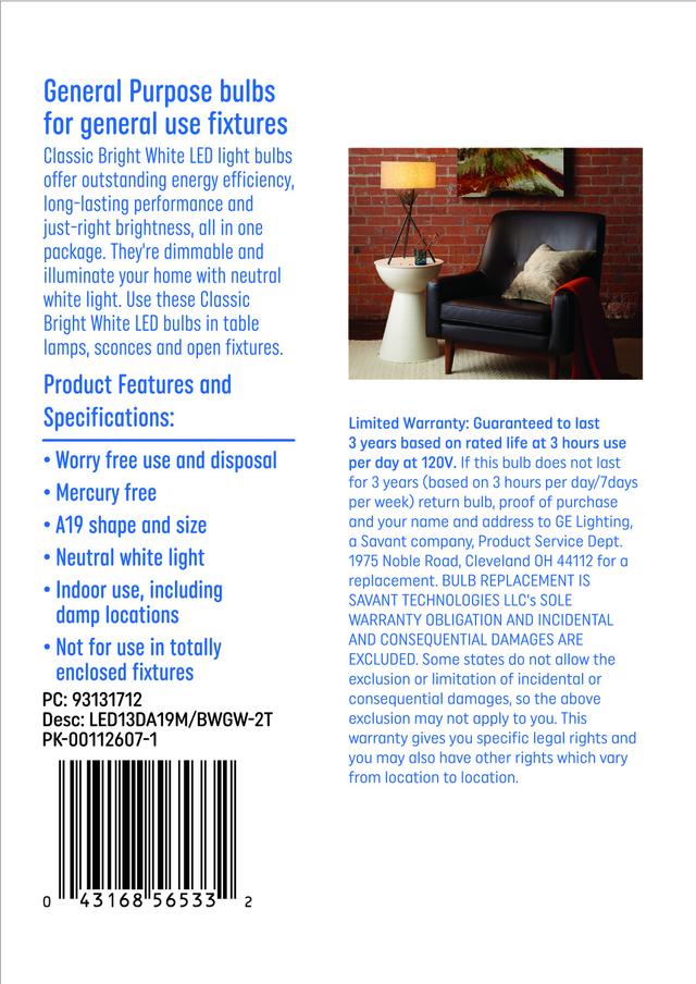 GE Classic LED 100 Watt Replacement, Bright White, A19 General Purpose Bulbs (2 Pack)