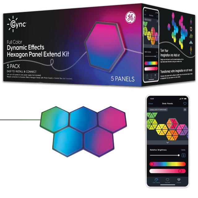 GE CYNC Dynamic Effects Full Color Smart Hexagon Panels Extension Pack, Works with Google Assistant and Amazon Alexa, Bluetooth and Wi-Fi Enabled, Power Supply Not Included (5 Pack)