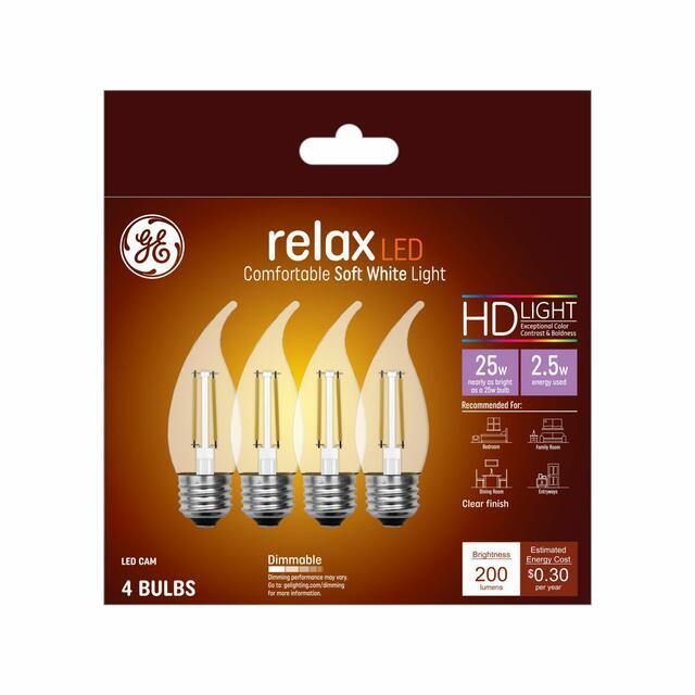 GE Relax HD CA11 LED Light Bulbs, Decorative Candle Bulbs, 25 Watt Replacement, Soft White (4 Pack)