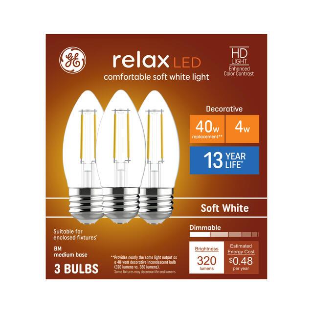 GE Relax HD B11 LED Light Bulbs, Decorative Candle Bulbs, 40 Watt Replacement, Soft White (3 Pack)