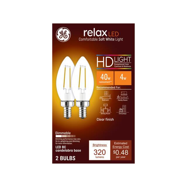 GE Relax HD B11 LED Light Bulbs, Decorative Candle Bulbs, 40 Watt Replacement, Soft White (2 Pack)