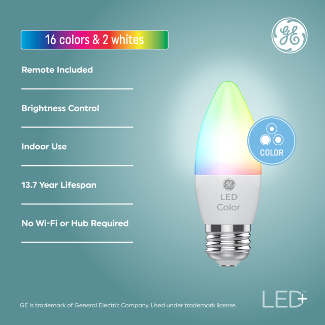GE LED+ Color Changing LED Light Bulb, Decorative Color Lights with Remote Control, Medium Base (2 Pack)