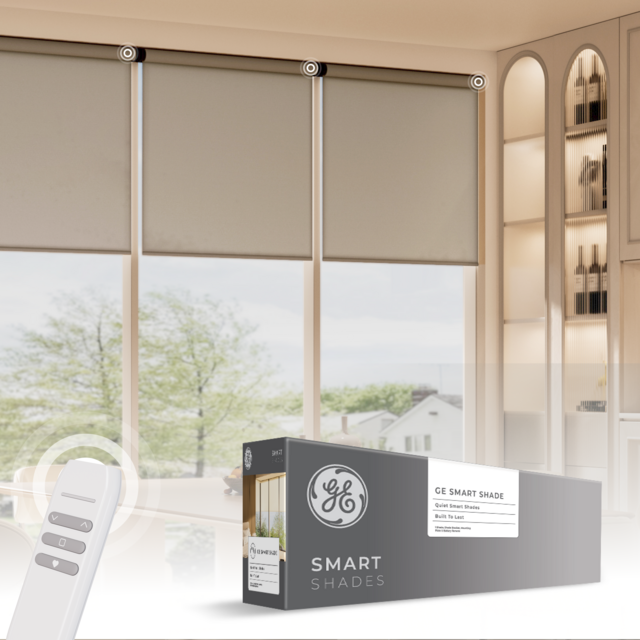 GE Smart Shade, Motorized Window Blind with Matter & Remote Control, Easy Install, Black Hardware, Translucent Grey Fabric, Quiet Operation, 24” Width, Adjustable Length, 1 Shade