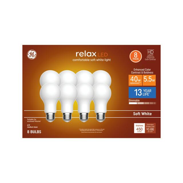 GE Relax HD A19 LED Light Bulbs, General Purpose Bulbs, 40 Watt Replacement, Soft White (8 Pack)