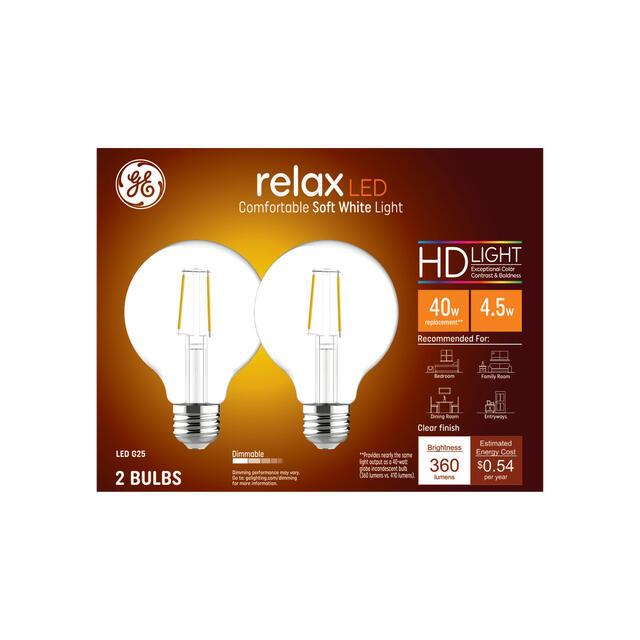 GE Relax HD G25 LED Light Bulbs, Vanity Globe Lights, 40 Watt Replacement, Soft White (2 Pack)