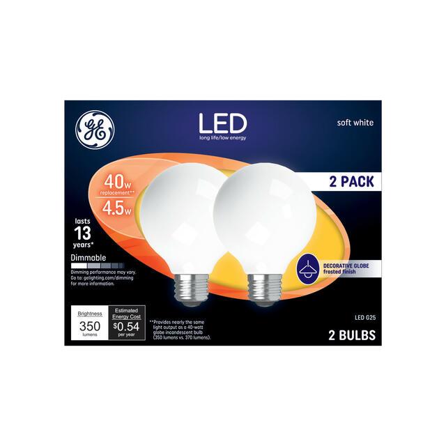 GE Classic LED 40 Watt Replacement, Soft White, G25 Vanity - Globe Bulbs (2 Pack)