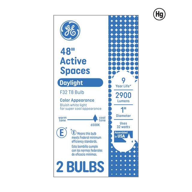 GE Daylight 32 Watt 48 Inch T8 G13 Base Fluorescent Tubes 2 Pack