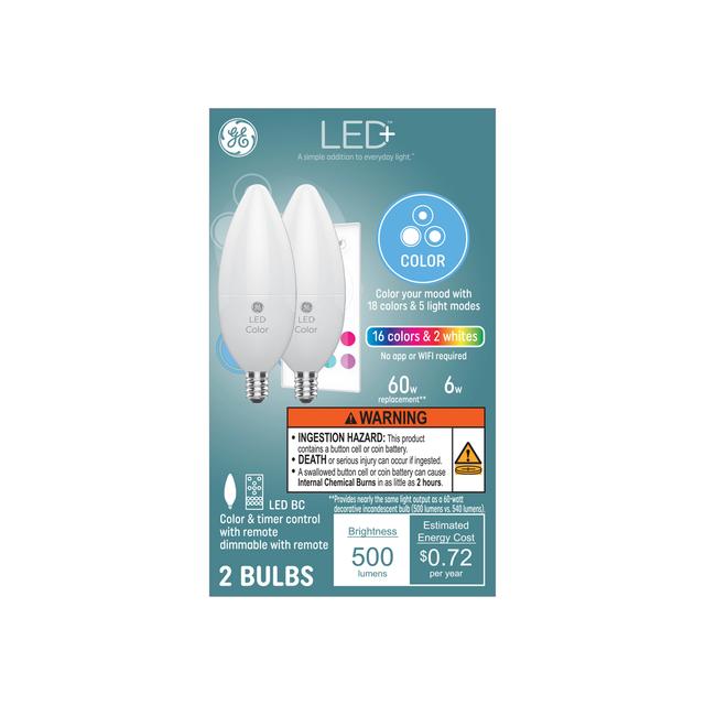 Ampoule LED à changement de couleur GE LED+, BC lumières décoratives, télécommande incluse, 60 équivalent en watts, petite base E12 ( 2 paquet)