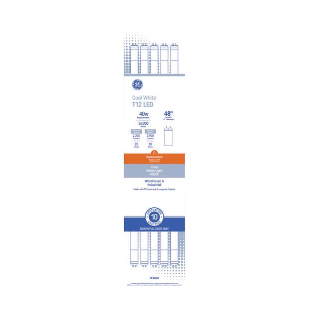 GE LED Replacement Cool White 28 Watt 47.74 Inches T12 G13 Base LED Tube 10 Pack