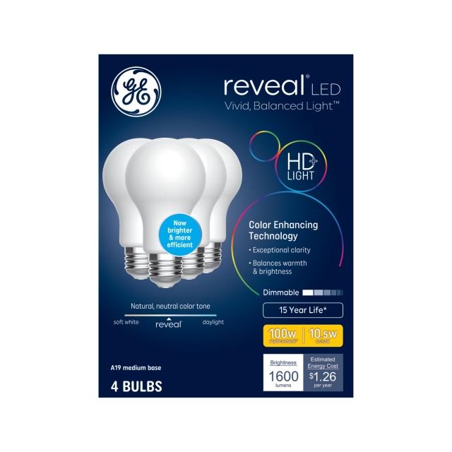 GE Reveal HD+ LED 100 Watt Replacement, Reveal, A19 General Purpose Bulbs (4 Pack)