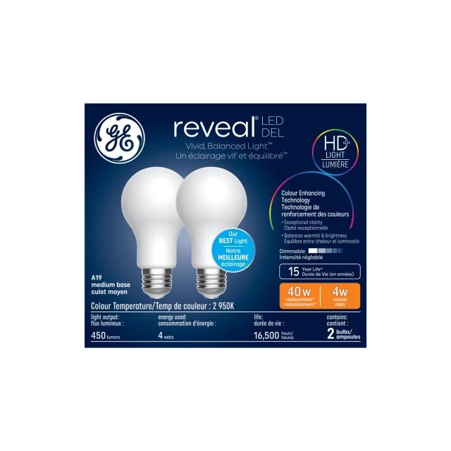 GE Reveal HD+ LED 40 Watt Replacement, Reveal, A19 General Purpose Bulbs (2 Pack)