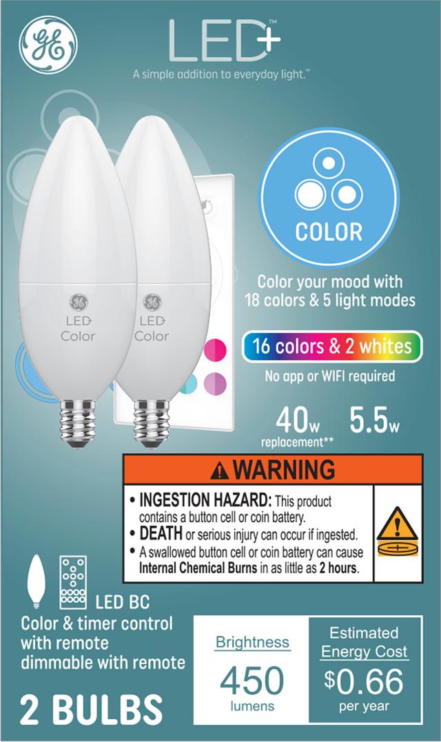 GE LED+ 40 Ampoules LED décoratives (2-Pack) à culot candélabre de remplacement de couleur -watt
