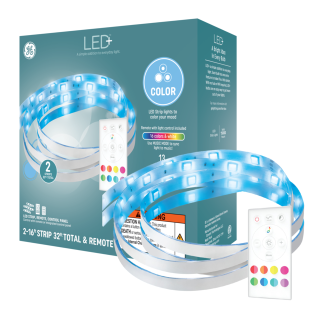 GE LED+ Color Changing LED Light Strip, Wall Décor Strip Light with Remote and Control Panel, 32ft + Power Supply