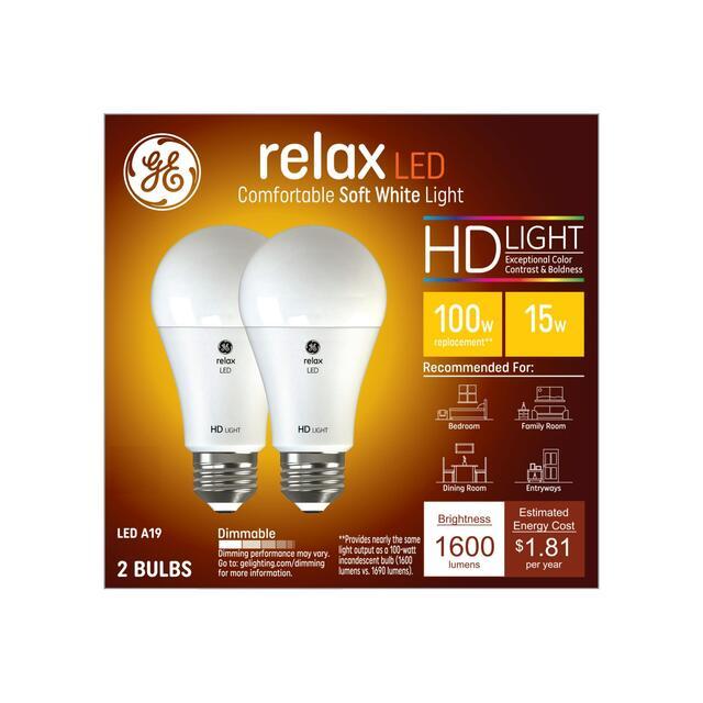 GE Relax HD A19 LED Light Bulbs, General Purpose Bulbs, 100 Watt Replacement, Soft White (2 Pack)