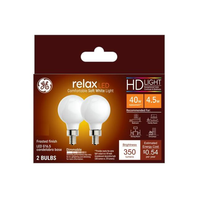 GE Relax HD G16.5 LED Light Bulbs, Vanity Globe Lights, 40 Watt Replacement, Soft White (2 Pack)