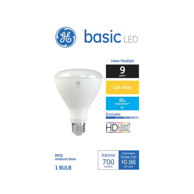 GE Basic BR30 LED Light Bulb, Indoor Floodlight Bulb, 65 Watt Replacement, Soft White