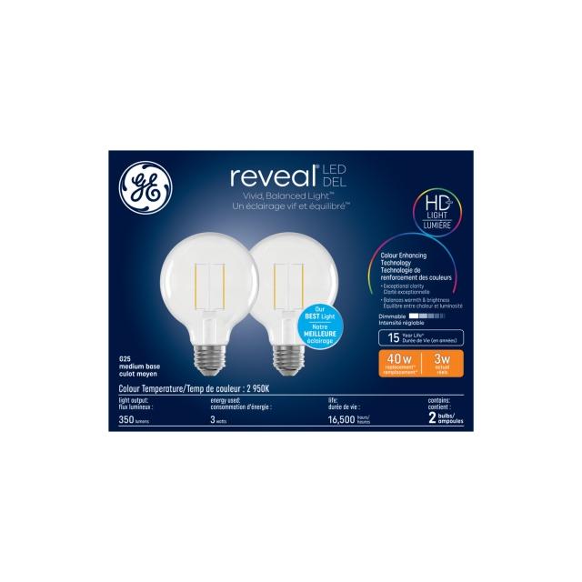 GE Reveal HD+ LED 40 Watt Replacement, Reveal, G25 Vanity - Globe Bulbs (2 Pack)