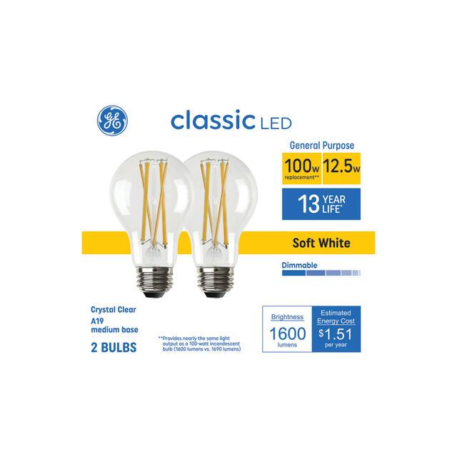 GE Classic LED 100 Watt Replacement, Soft White, A19 General Purpose Bulbs (2 Pack)