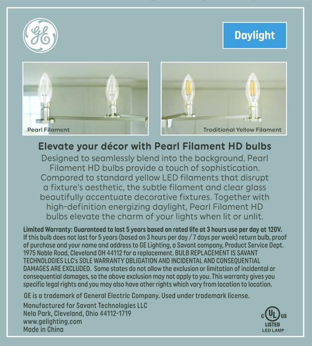 GE White Filament B11 LED Light Bulbs, Decorative Candle Bulbs, 60 Watt Replacement, Daylight (3 Pack)