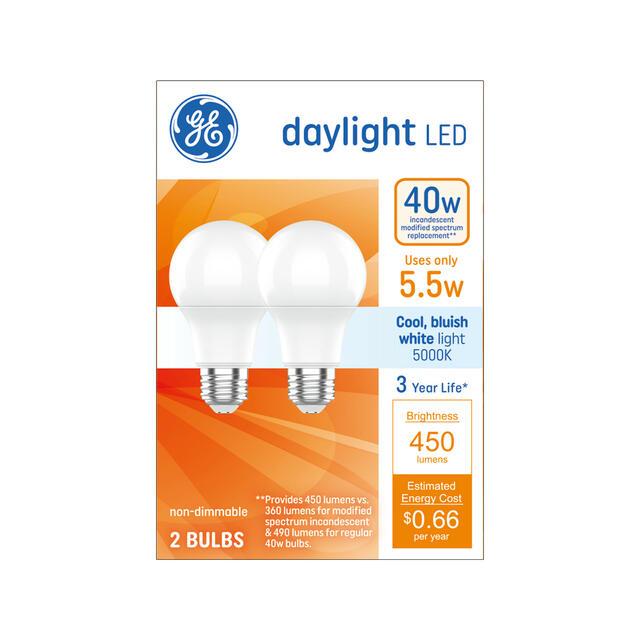 GE Basic LED 40 Watt Replacement, Daylight, A19 General Purpose Bulbs (2 Pack)