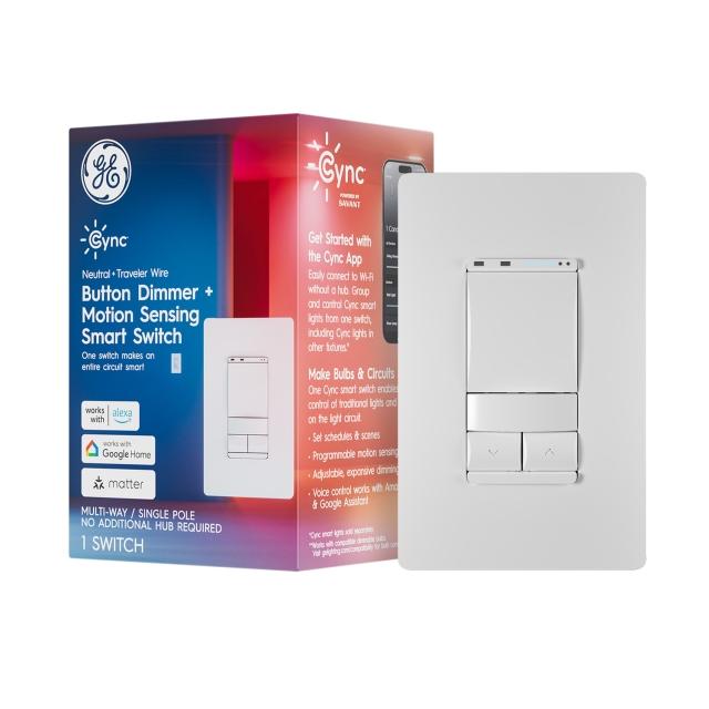 GE Cync Smart Button Dimmer Light Switch + Motion Sensor, Neutral Wire + Traveler Required, Bluetooth and 2.4 GHz Wi-Fi, Works with Alexa and Google Home