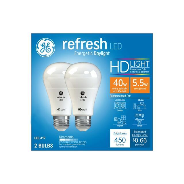 GE Refresh HD LED 40 Watt Replacement, Daylight, A19 General Purpose Bulbs (2 Pack)
