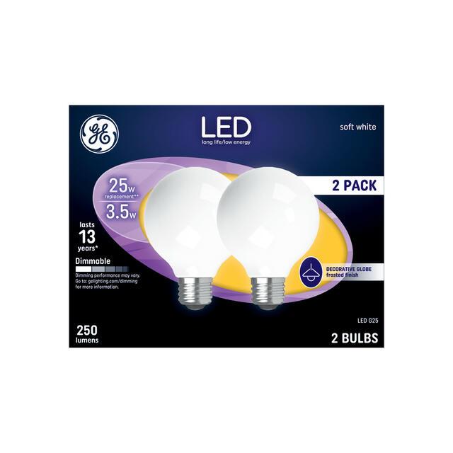GE Classic LED 25 Watt Replacement, Soft White, G25 Vanity - Globe Bulbs (2 Pack)