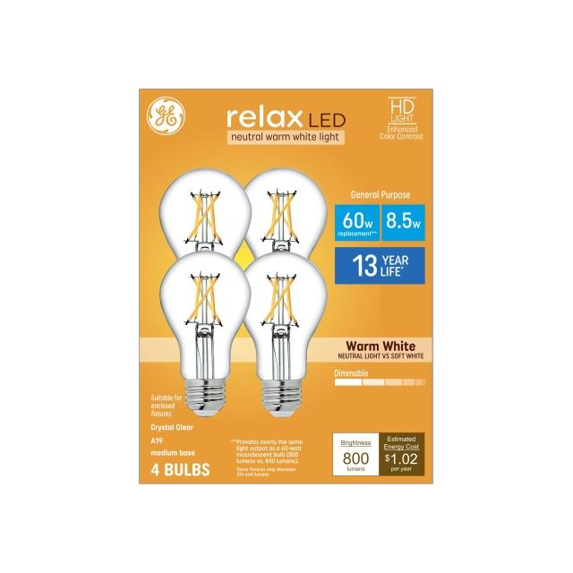GE Relax HD A19 LED Light Bulbs, General Purpose Bulbs, 60 Watt Replacement, Warm White (4 Pack)