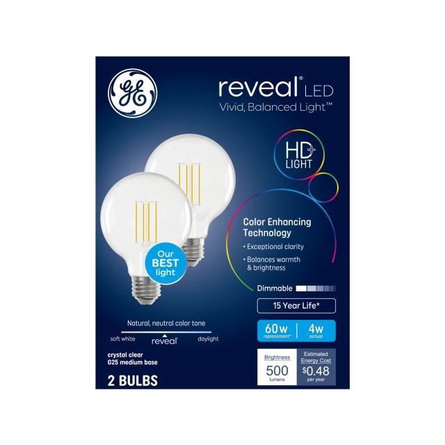 GE Reveal HD+ LED 60 Watt Replacement, Reveal, G25 Vanity - Globe Bulbs (2 Pack)
