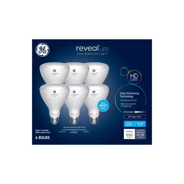 GE Reveal HD+ LED 65 Watt Replacement, Reveal, BR30 Indoor Floodlight Bulbs (6 Pack)