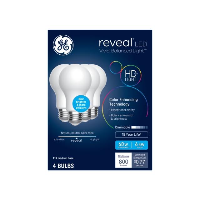GE Reveal HD+ LED 60 Watt Replacement, Reveal, A19 General Purpose Bulbs (4 Pack)