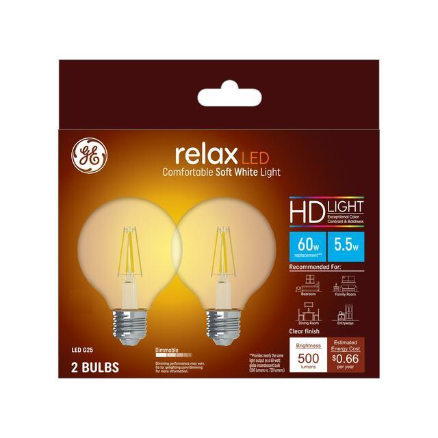 GE Relax HD G25 LED Light Bulbs, Vanity Globe Lights, 60 Watt Replacement, Soft White (2 Pack)