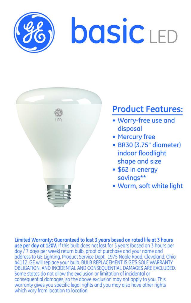 GE Basic BR30 LED Light Bulb, Indoor Floodlight Bulb, 65 Watt Replacement, Soft White