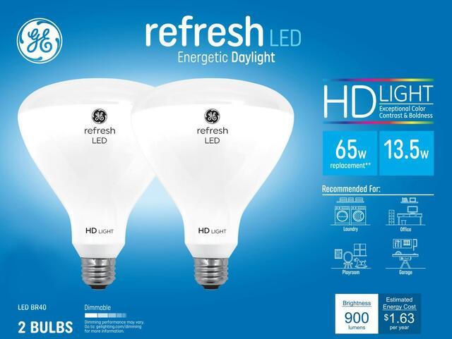GE Refresh HD LED 65 Watt Replacement, Daylight, BR40 Indoor Floodlight Bulbs (2 Pack)