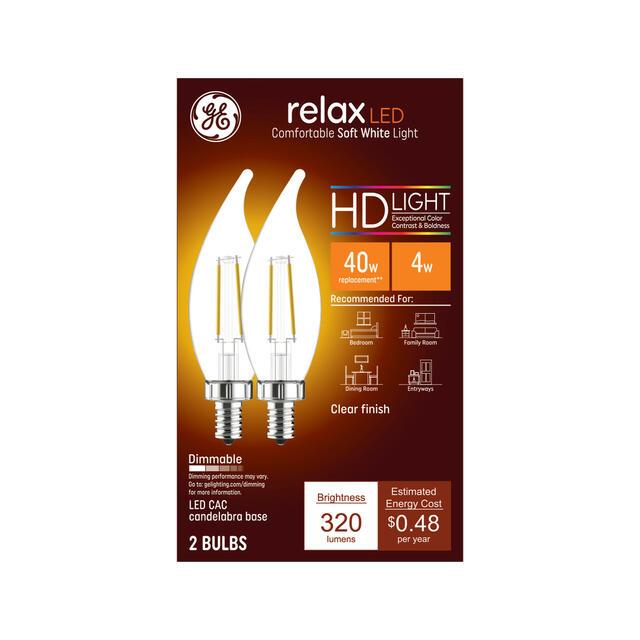 GE Relax HD CA11 LED Light Bulbs, Decorative Candle Bulbs, 40 Watt Replacement, Soft White (2 Pack)