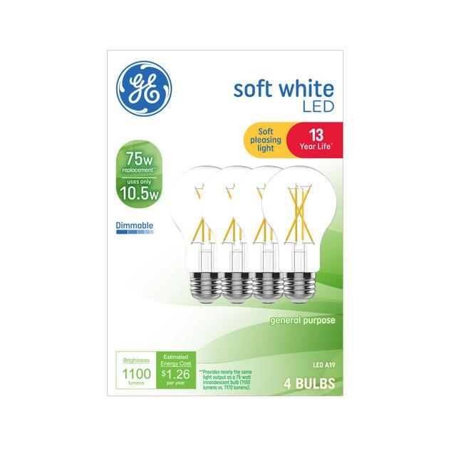 GE Classic LED 75 Watt Replacement, Soft White, A19 General Purpose Bulbs (4 Pack)