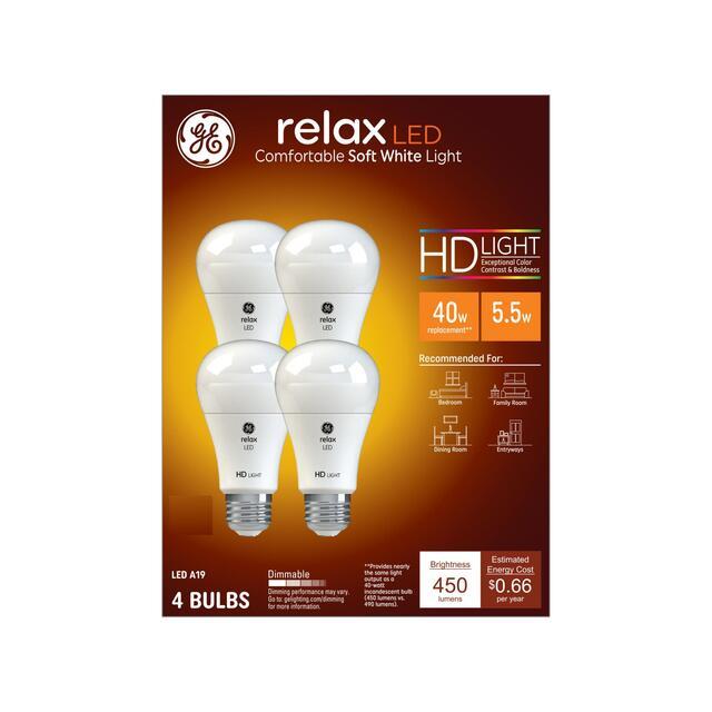 GE Relax HD LED 40 Watt Replacement, Soft White, A19 General Purpose Bulbs (4 Pack)