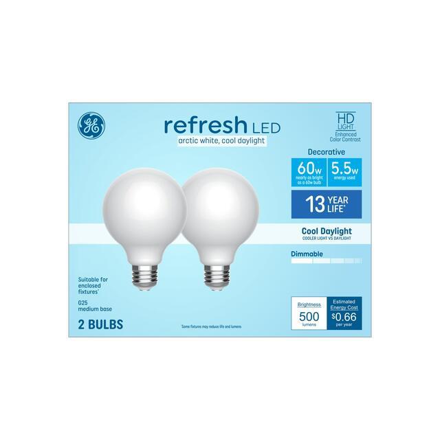 GE Refresh HD G25 LED Light Bulbs, Vanity Globe Lights, 60 Watt Replacement, Cool Daylight (2 Pack)