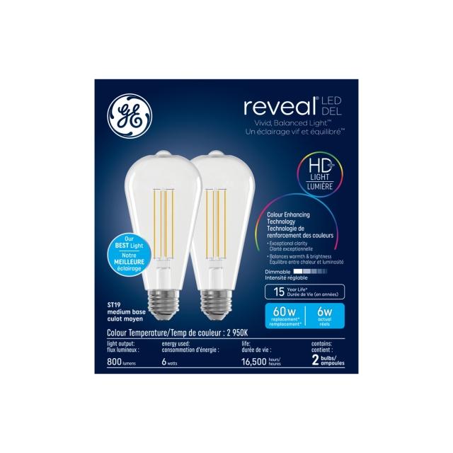 GE Reveal HD+ LED 60 Watt Replacement, Reveal, ST19 Edison Bulbs (2 Pack)