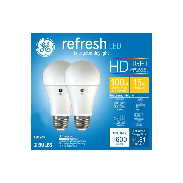 GE Refresh HD LED 100 Watt Replacement, Daylight, A19+ General Purpose Bulbs (2 Pack)