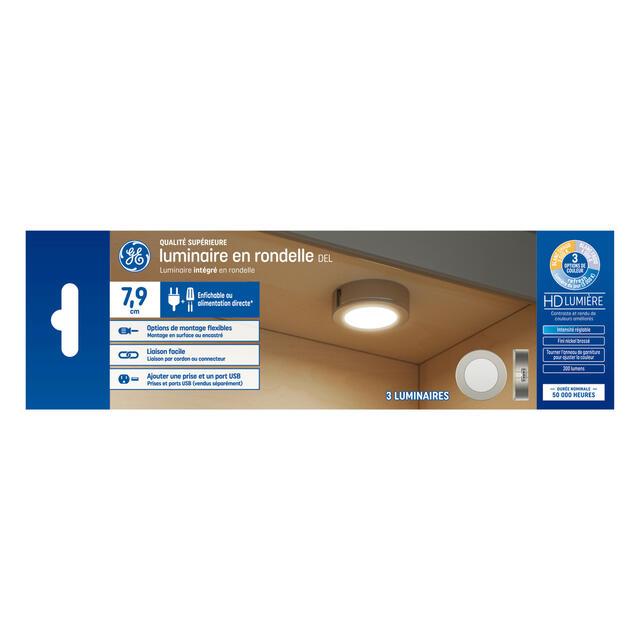 GE Puck Light, 3-Color White, Direct Wire & Plug-In, 3.1in Linkable Fixtures (3-Pack)