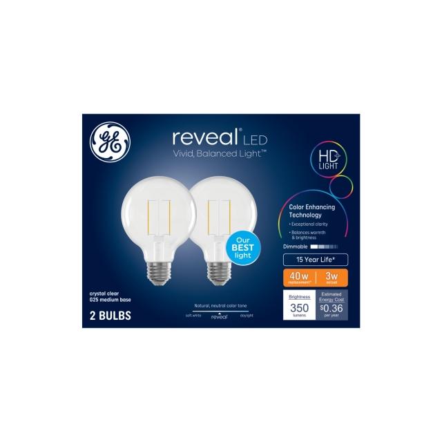 GE Reveal HD+ LED 40 Watt Replacement, Reveal, G25 Vanity - Globe Bulbs (2 Pack)