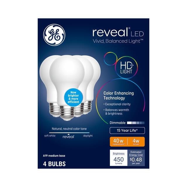 GE Reveal HD+ LED 40 Watt Replacement, Reveal, A19 General Purpose Bulbs (4 Pack)